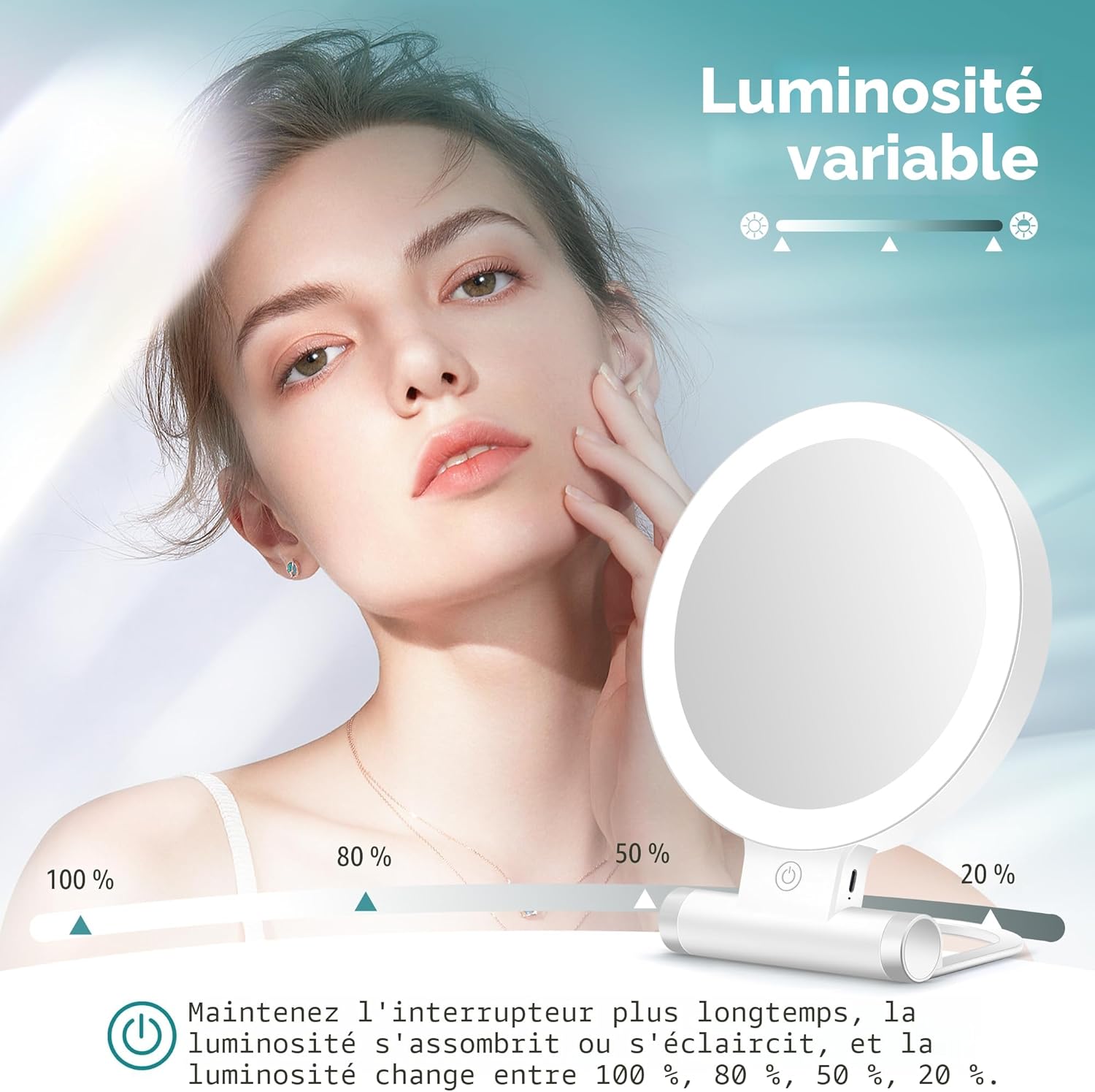 B Beauty Planet - Miroir double face compact, 1X/30X, 3 éclairages, 2000mAh, pliable