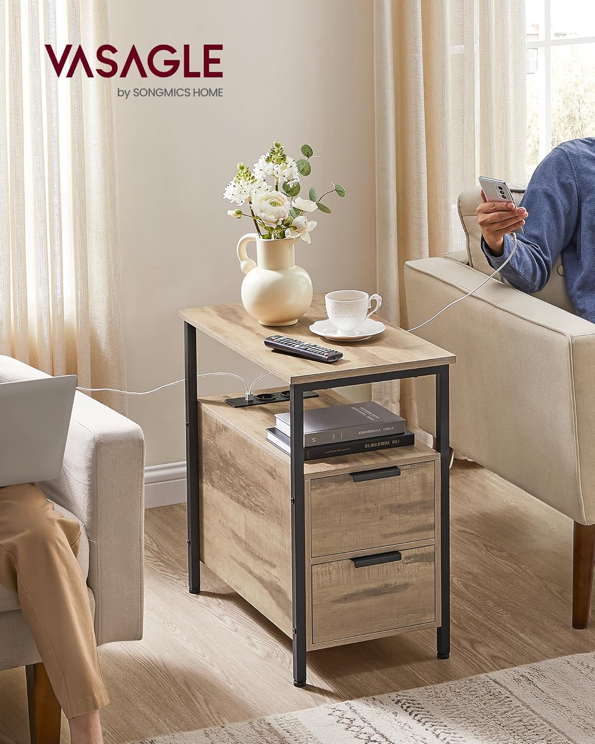 VASAGLE - table d’appoint, 2 tiroirs, multiprise, rangement, 35x30x60 cm, LET325K01