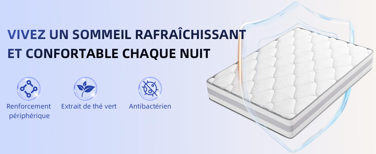 Matelas matelassé blanc avec des icônes bleues indiquant le renforcement, l'extrait de thé vert et les propriétés antibactériennes. Le texte français favorise un sommeil rafraîchissant et confortable.