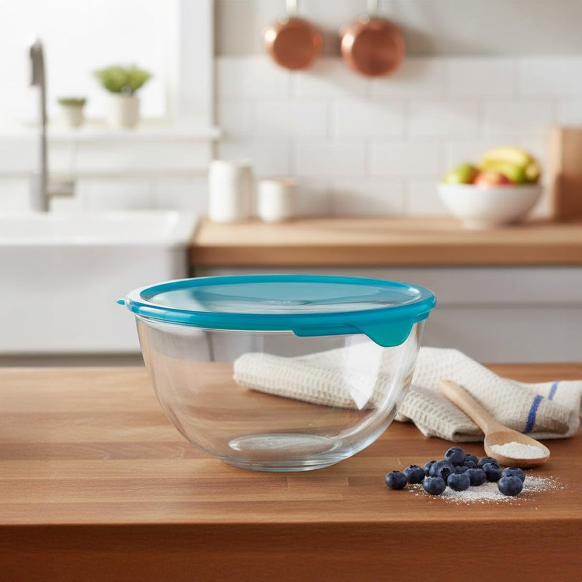 Pyrex - Bol verre borosilicate 2L, couvercle, résistant, transparent, vert