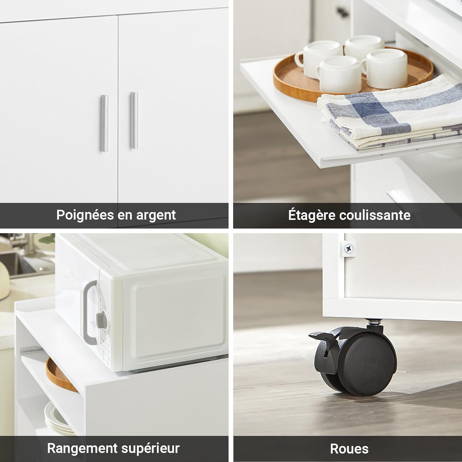 SoBuy - chariot de cuisine FSB09-W - 92×59×40 cm - plan de travail extensible, rangement micro-ondes