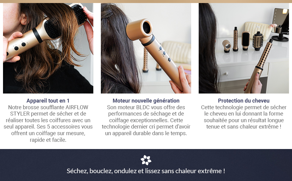Démonstration de porte-sèche-cheveux mural montrant son installation et son utilisation dans la salle de bain, avec plusieurs positions de montage