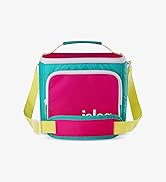 Le texte se lit comme suit : « Image 4 ». Sac banane lumineux aux couleurs rose vif et turquoise avec des touches jaunes, présenté sous plusieurs angles avec des compartiments zippés.