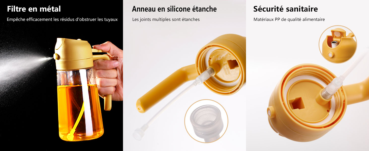 avec filtre en métal et anneau en silicone. Trois panneaux montrent une buse de pulvérisation, des pièces détachables et un bec verseur. Conçu pour l'hygiène et la prévention des fuites.