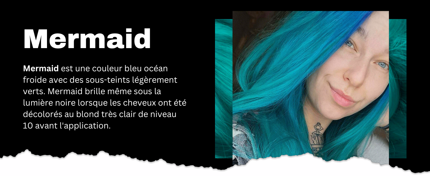 Gros plan d'un produit de teinture capillaire turquoise vif. Couleur bleu océan éclatante avec de légères nuances vertes. Le texte décrit la couleur comme « Sirène » en français et en anglais