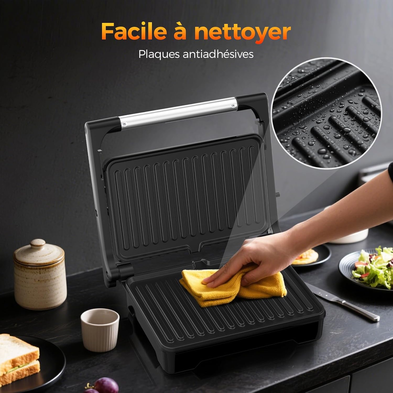 YASHE - Grille-Panini 2 tranches, 1500W, plaques XXL antiadhésives