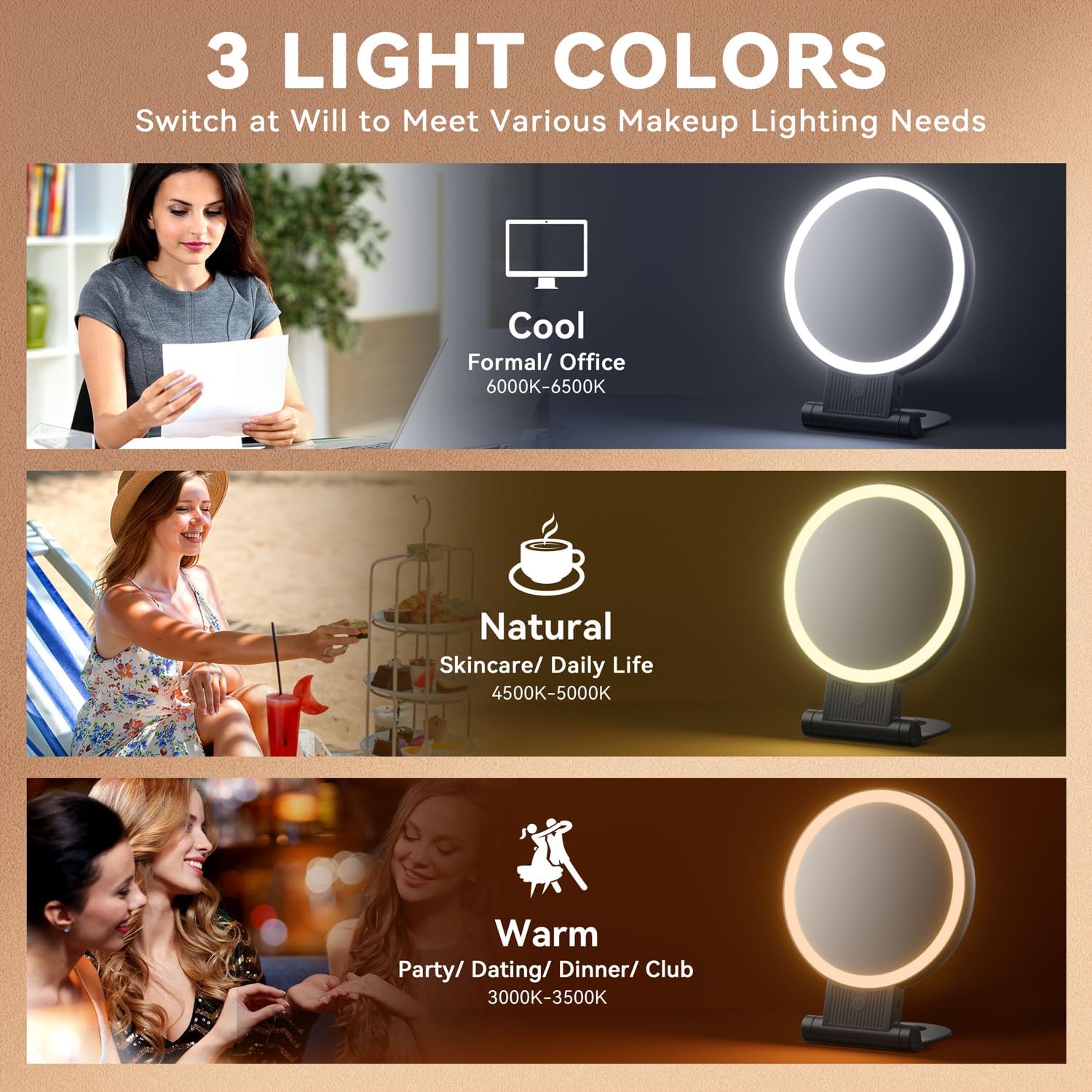 Auxmir - miroir maquillage double face, LED, 30X/1X, 2000mAh, pliable