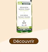 Flacon de produit vert et blanc contenant un sérum riche portant la marque « Croissance », avec un bouton marron « Découvrir » en dessous.
