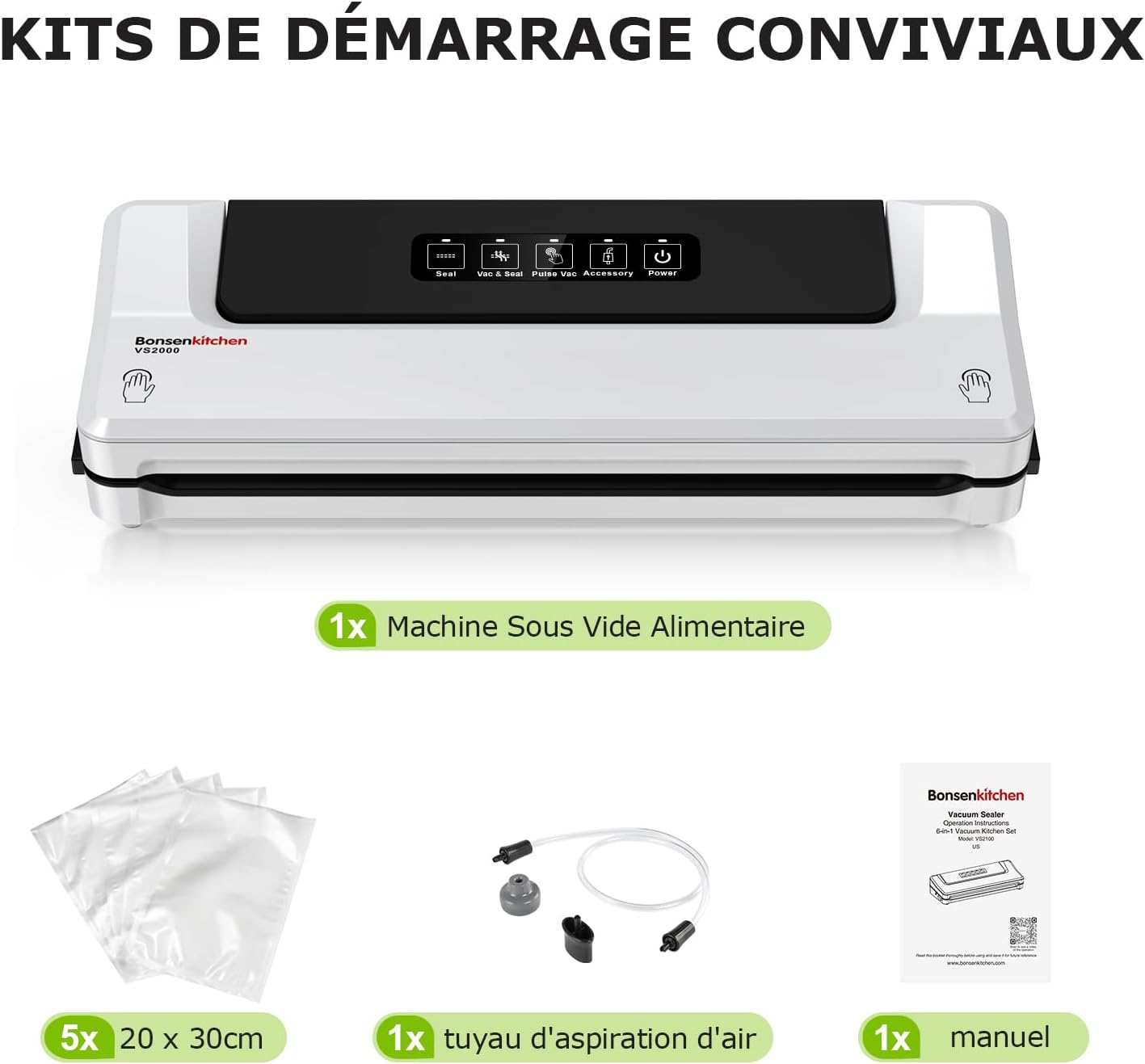 Bonsenkitchen - machine sous vide alimentaire - compacte - cuisson et conservation, 5 sacs inclus