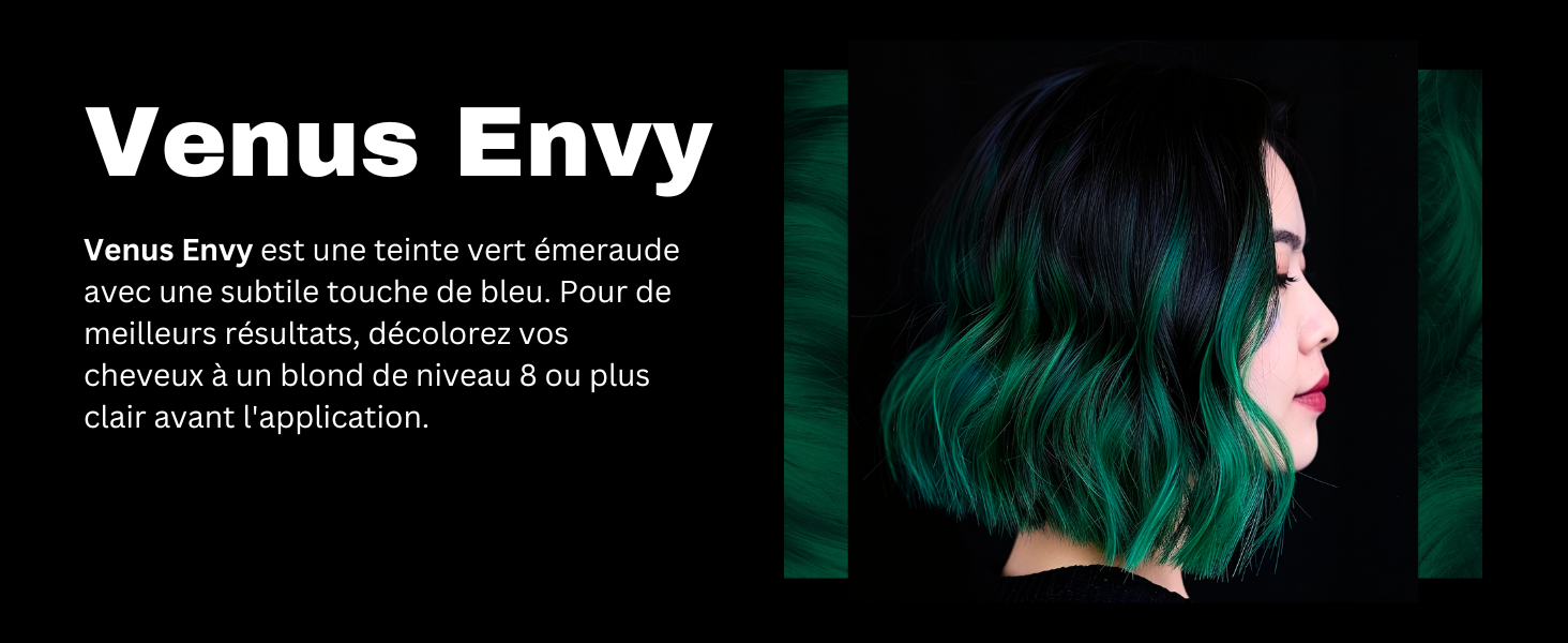Produit de teinture pour cheveux vert court présenté sur un mannequin à la coupe de cheveux bob, arborant une couleur vert émeraude éclatante avec de subtils tons bleus