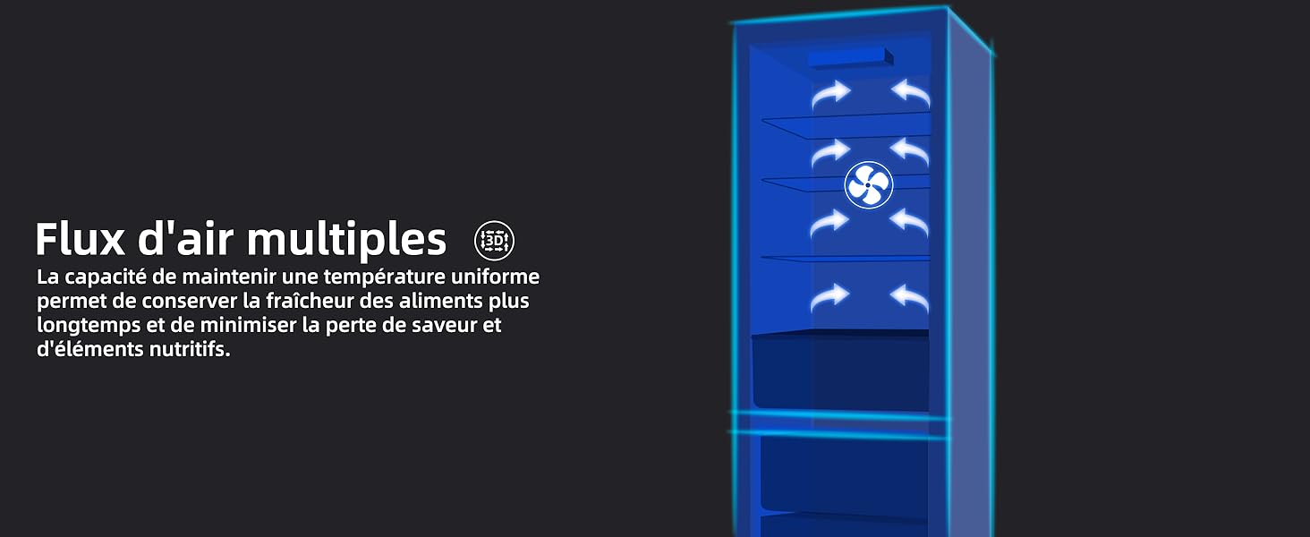 un réfrigérateur bleu avec des flèches blanches pointant vers la droite.