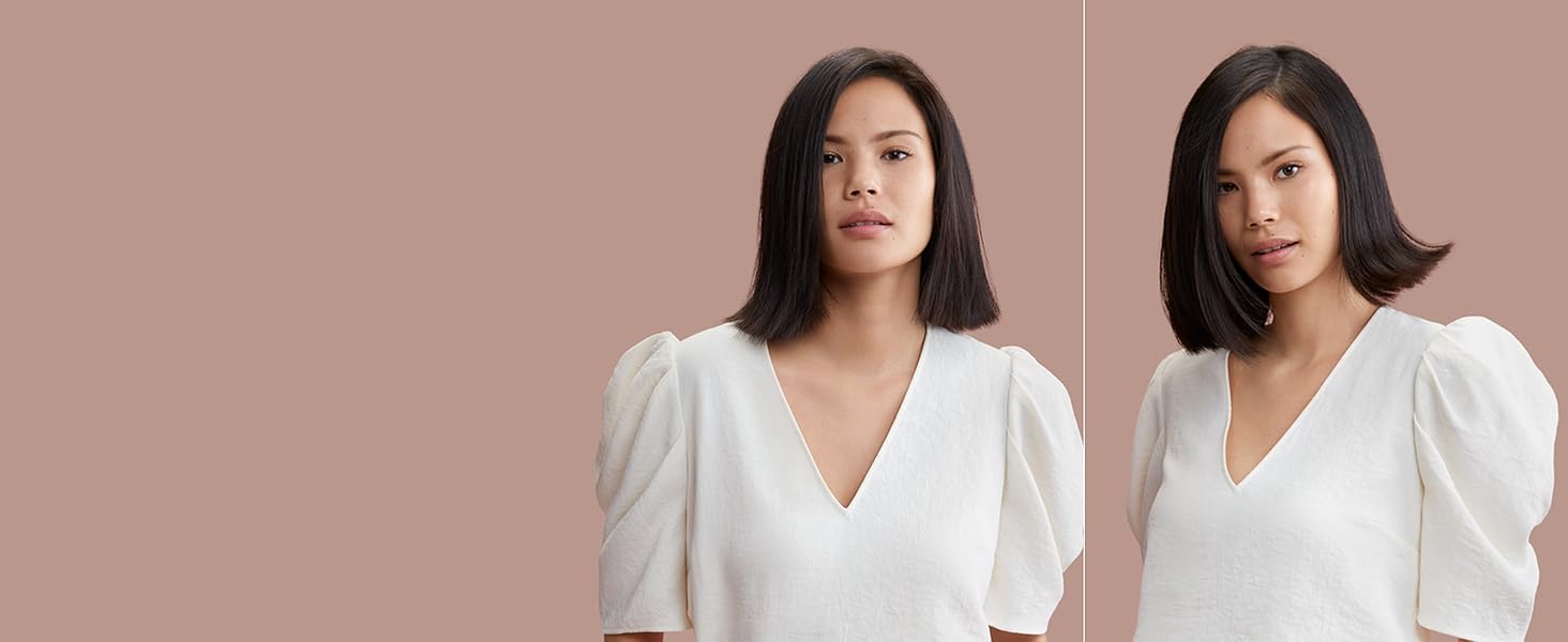 Avant et après : un mannequin aux cheveux raides noirs avec un brushing brillant.