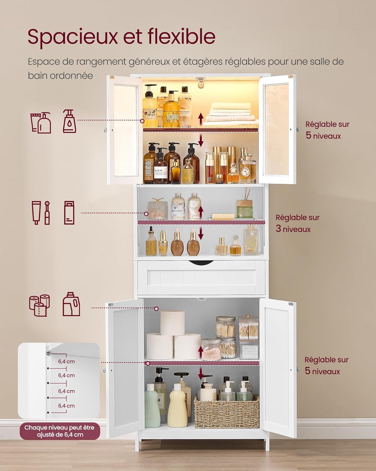 VASAGLE - armoire salle de bain, éclairage, étagères réglables, blanc, BBC767W03