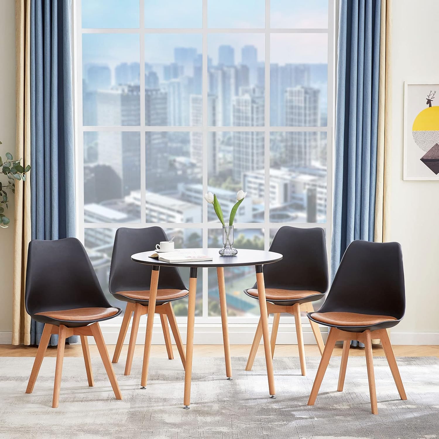 EGGREE - chaises scandinaves lot de 8 - bois hêtre - cuir PU rembourré noir/marron