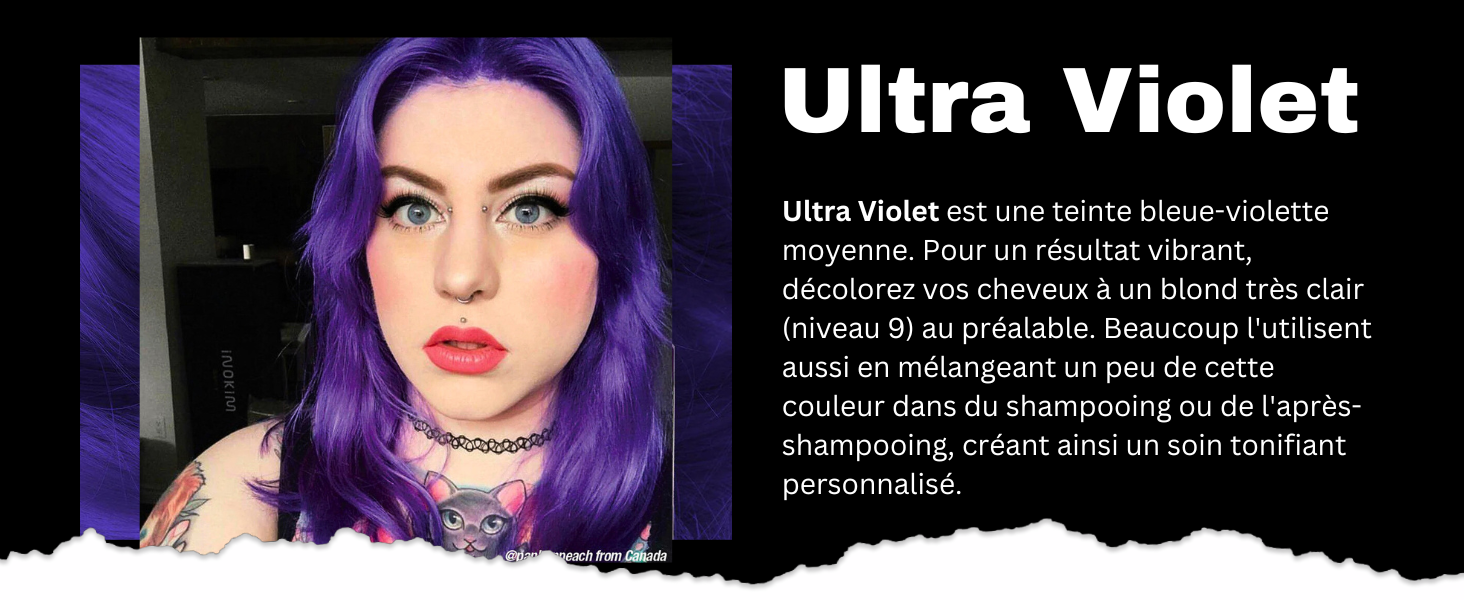 mettant en vedette des cheveux violets éclatants. Le texte décrit « Ultra Violet » comme une couleur de cheveux bleu-violet, soulignant sa luminosité et sa capacité à créer un look personnalisé