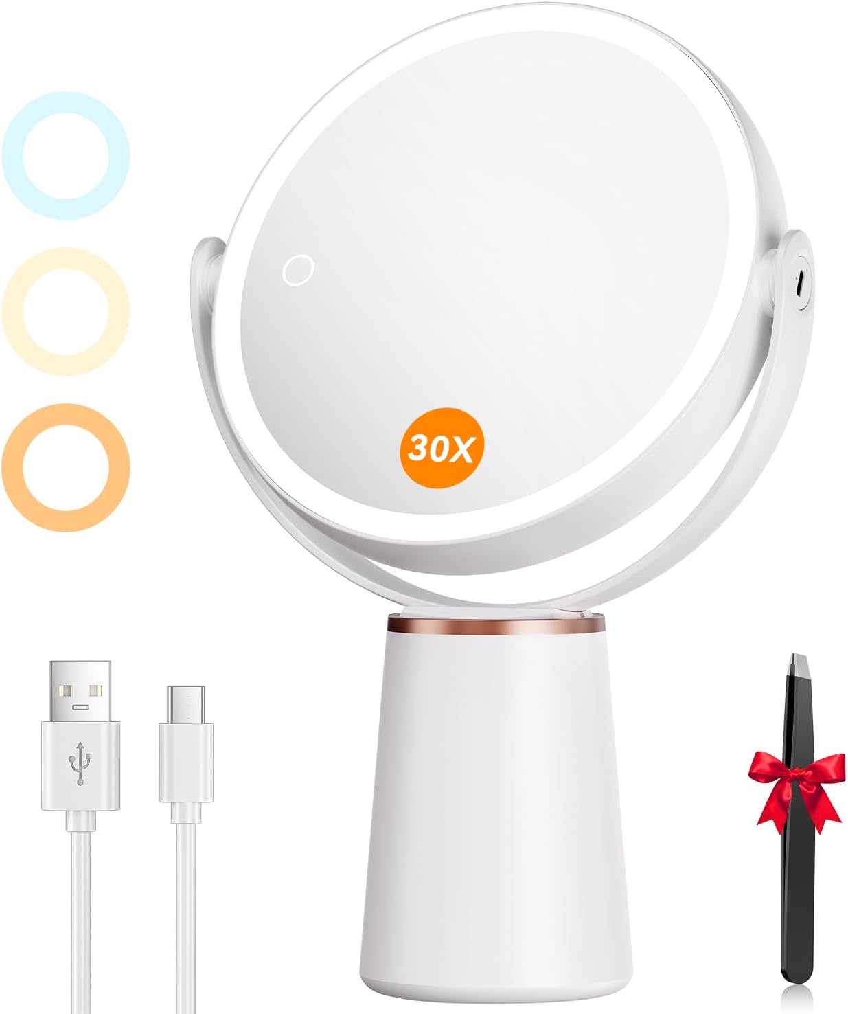 Auxmir - miroir lumineux double face - 30X/10X - 64 LED, 3 couleurs, 2000mAh, rotation 360°