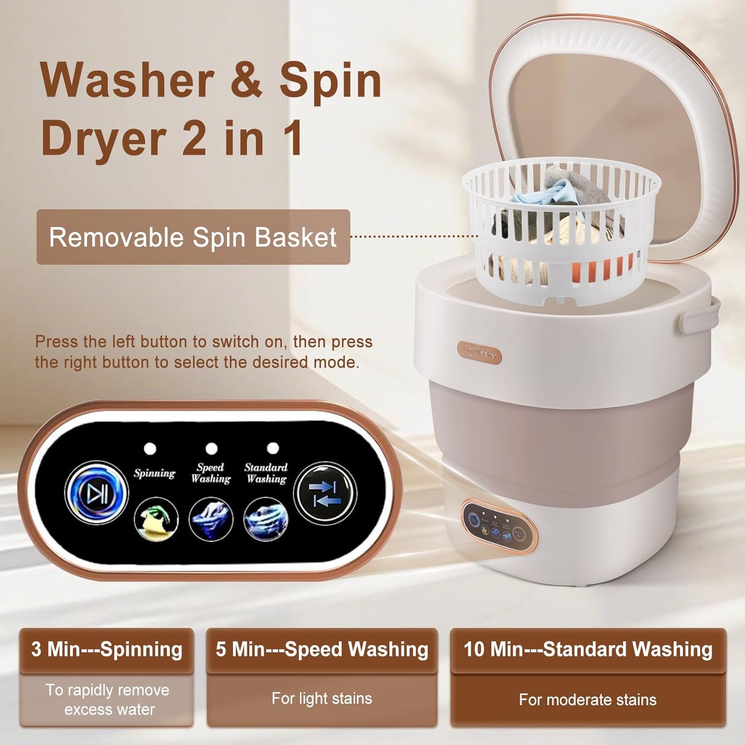 Mini machine à laver portable - 15L - pliable, panier essorage, usage compact