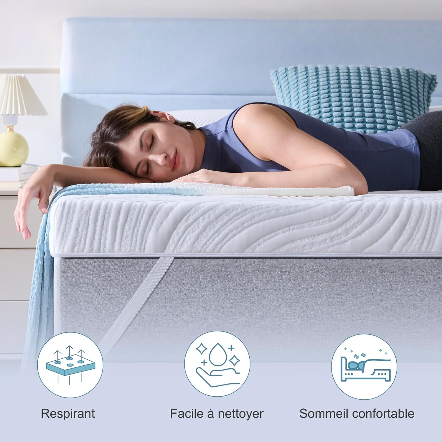 Surmatelas - mousse mémoire gel 180x200x7,5cm, housse lavable, antidérapant