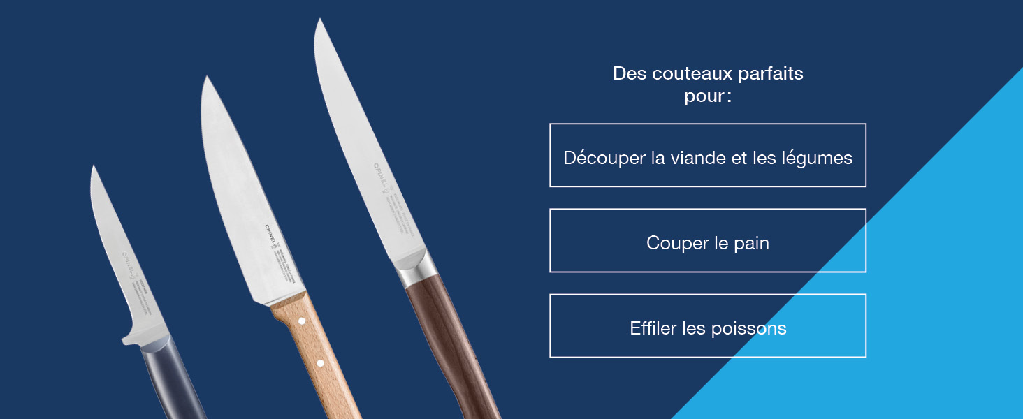 Ensemble de trois couteaux de cuisine avec lames en acier et manches en bois, présentant différentes tailles et utilisations