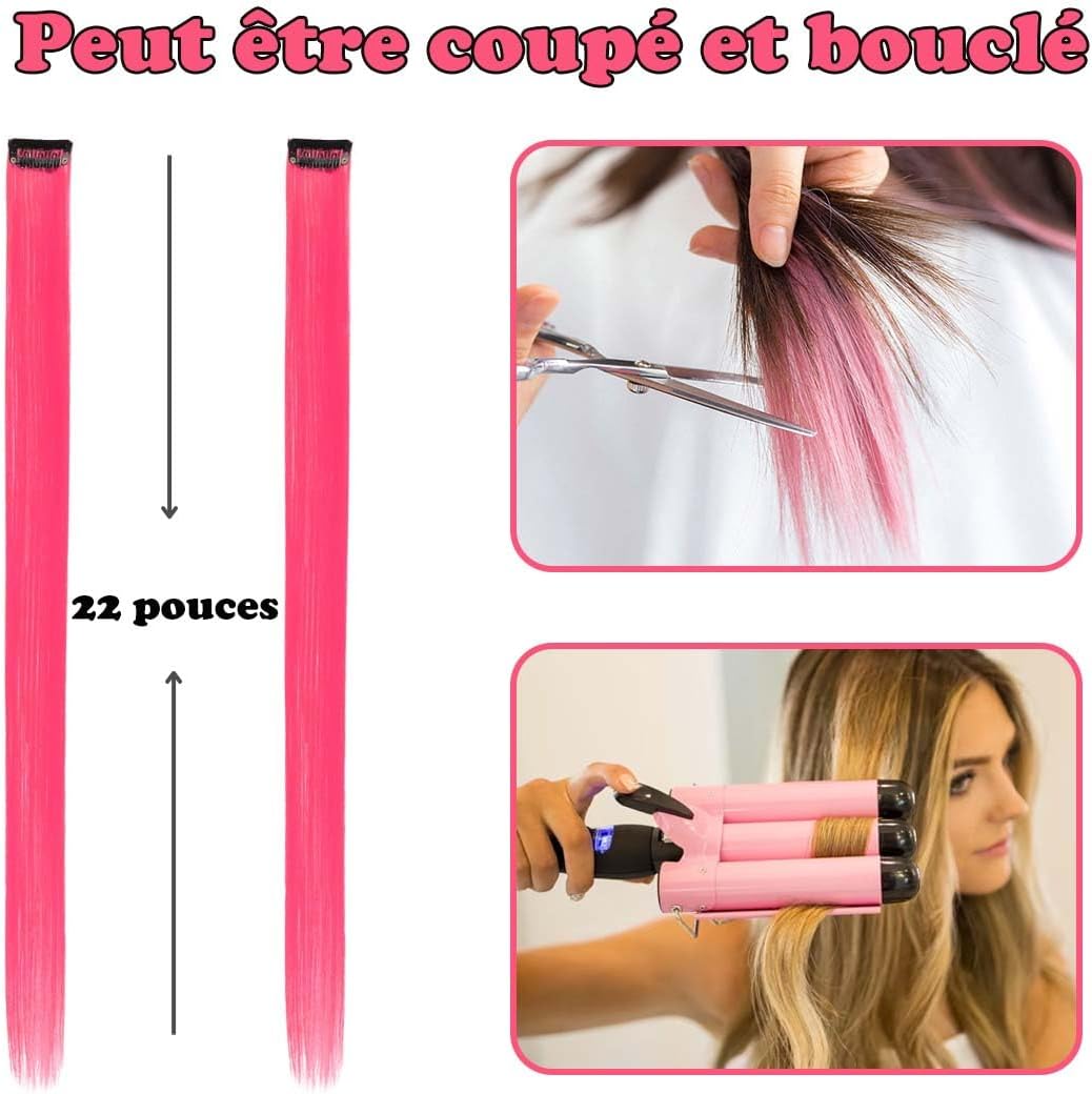 Extensions de cheveux – lot 12 pcs – rose vif – clips réutilisables