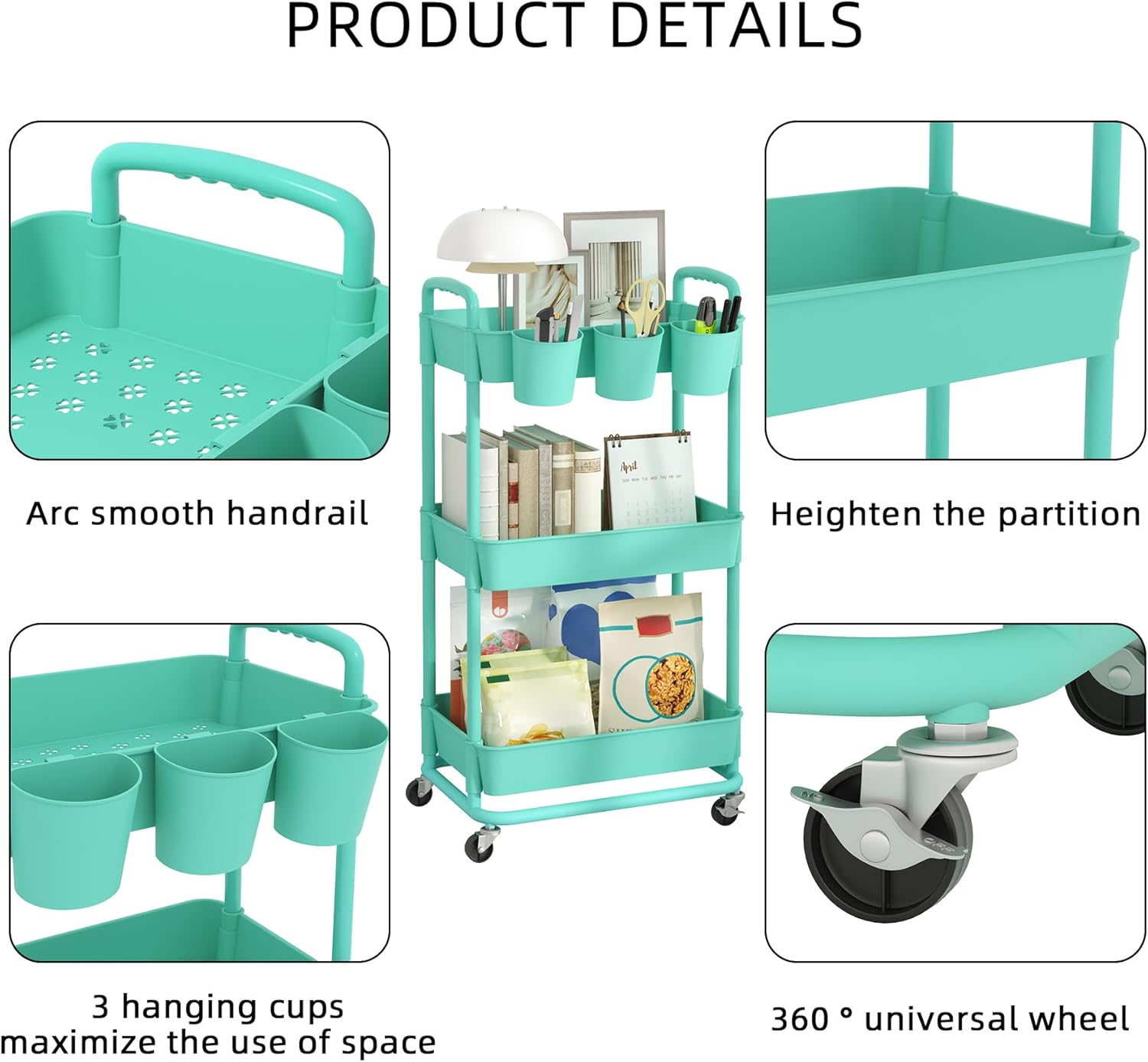 JIUYOTREE - chariot à roulettes 3 niveaux, vert, ventouses, roues verrouillables, compact