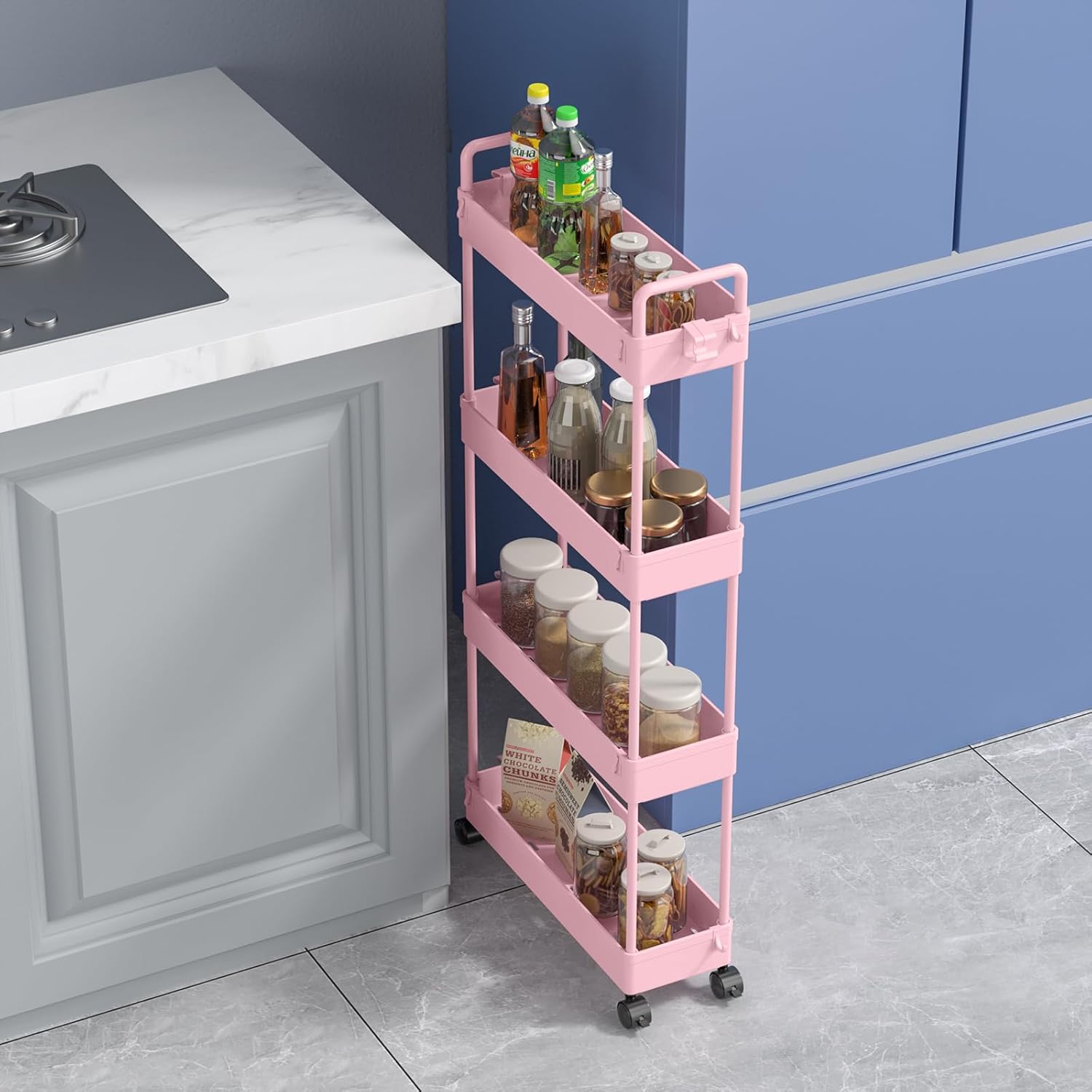 SOLEJAZZ - chariot de rangement 4 niveaux, roulettes, étroit, rose