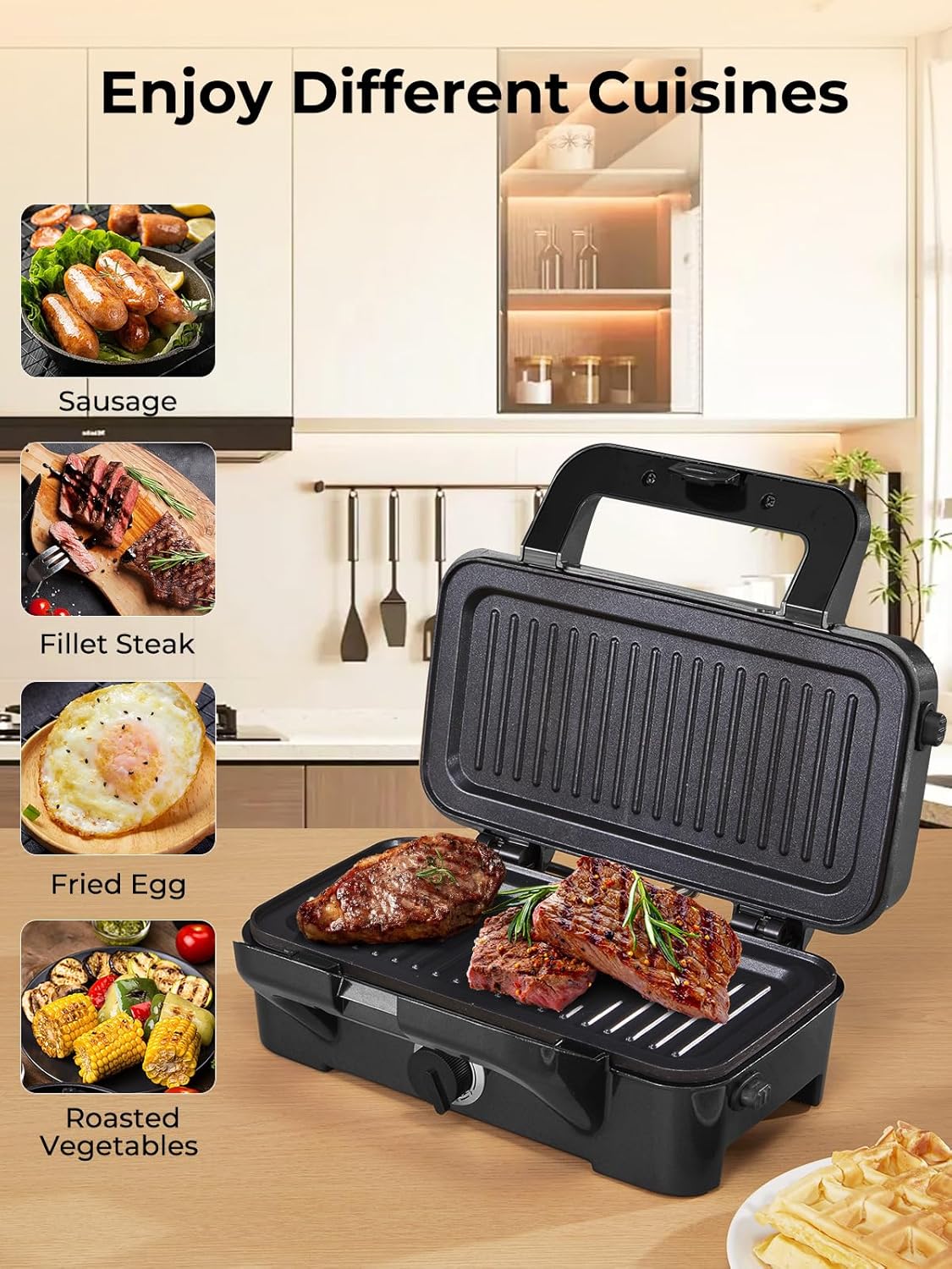 Croque Monsieur 3 en 1 – appareil multifonction 1200W, plaques amovibles, contrôle température 5 niveaux, rangement vert