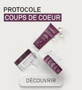 Le texte se lit comme suit : « PROTOCOLE », « COUPS DE CŒUR » et « DÉCOUVREZ ». Emballage du produit ou matériel marketing violet et blanc, identique à l'image 1.