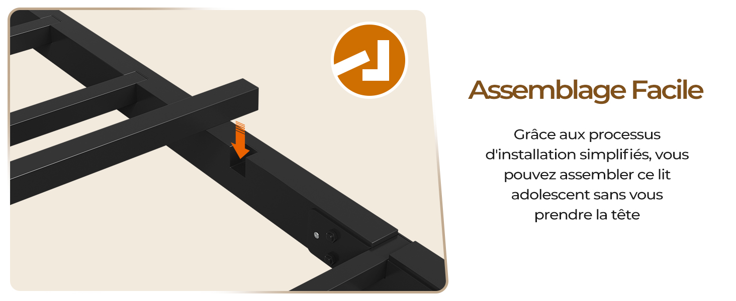 Détail des instructions de montage montrant un composant de cadre métallique noir avec des pièces de connexion. Le texte indique un processus d'assemblage facile.