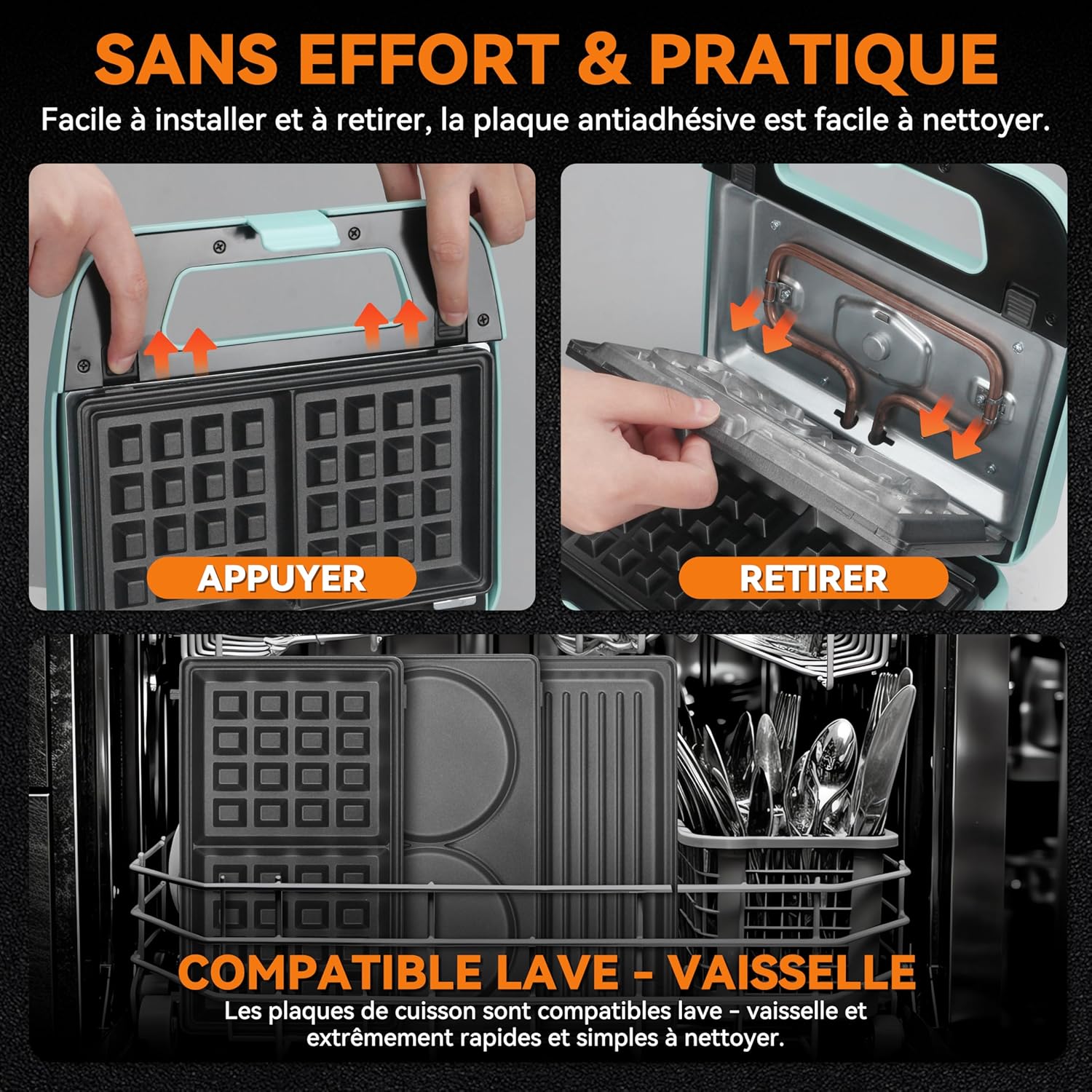 Baker's Friend - Gaufrier 3-en-1 - plaques amovibles antiadhésives - acier inoxydable, aqua