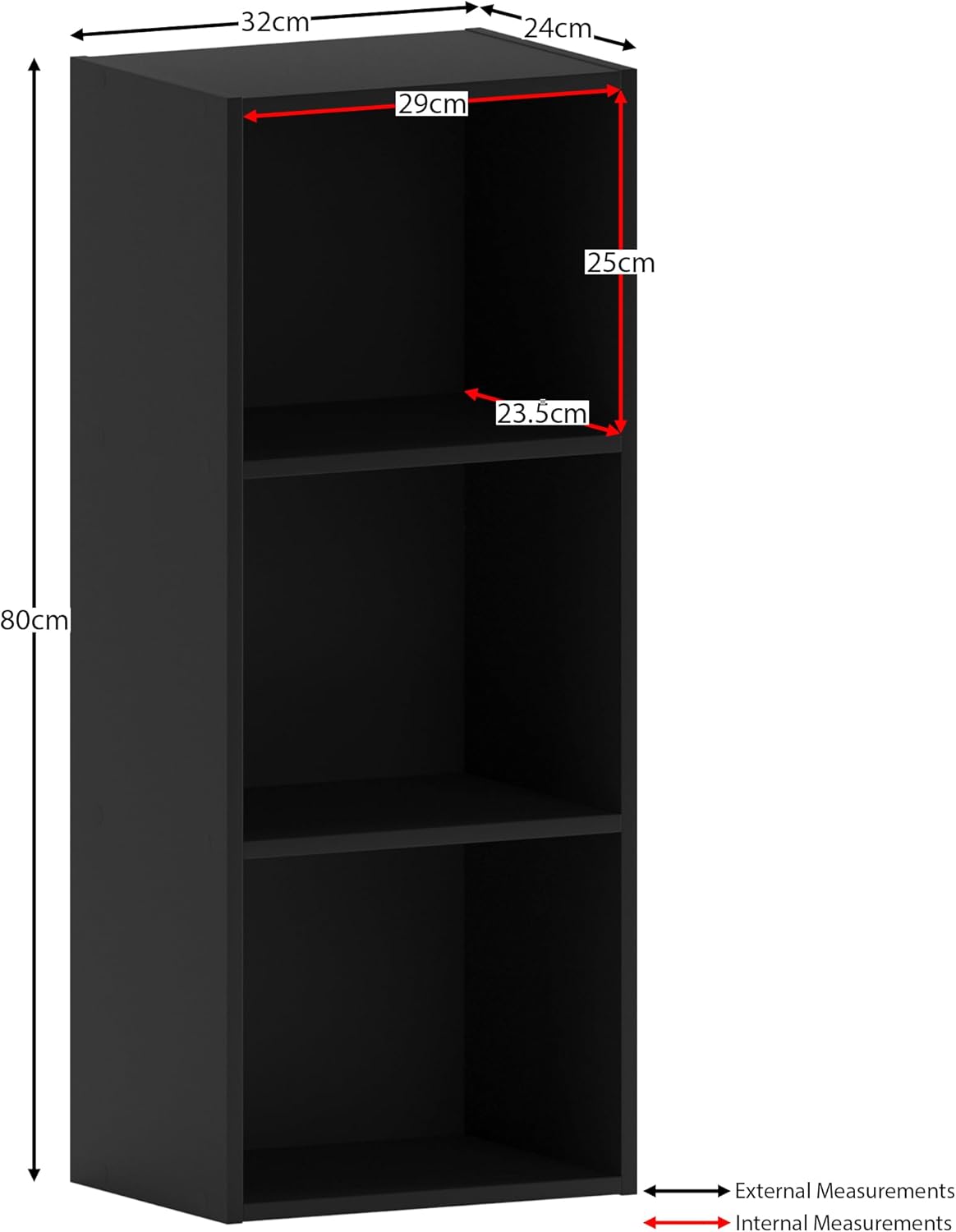 Vida Designs - Oxford série - 80x32x24cm - Bibliothèque 3 niveaux moderne, rangement compact noir