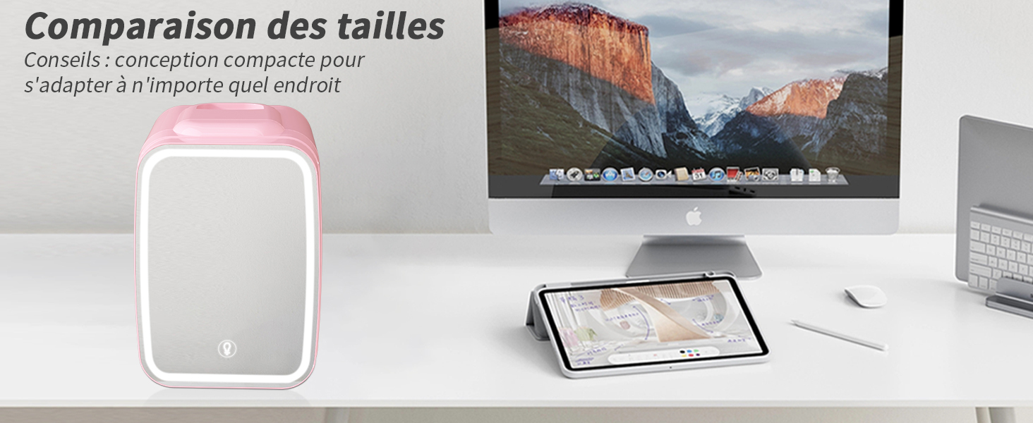 Configuration de bureau avec purificateur d'air blanc, ordinateur iMac, tablette et clavier sur une surface blanche. Le texte en français traite de la comparaison des tailles.