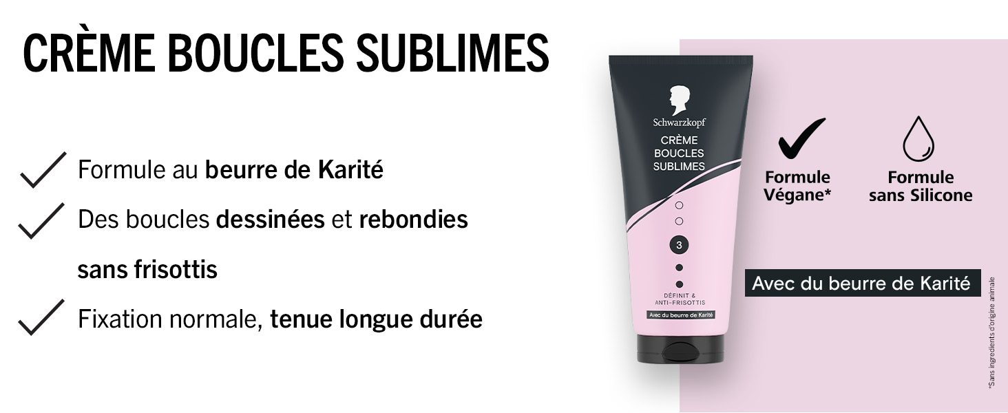 Le texte se lit comme suit : « CRÈME BOUCLES SUBLIMES ». L'image du produit montre un tube cosmétique noir sur fond rose avec un texte décrivant la formulation avec du beurre de karité.