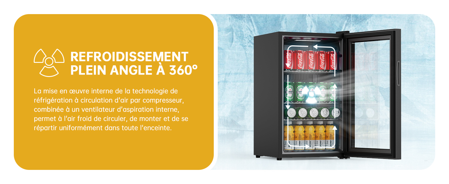 avec porte vitrée, montrant les canettes et les bouteilles à l'intérieur. Le texte en français mentionne un refroidissement à 360 degrés