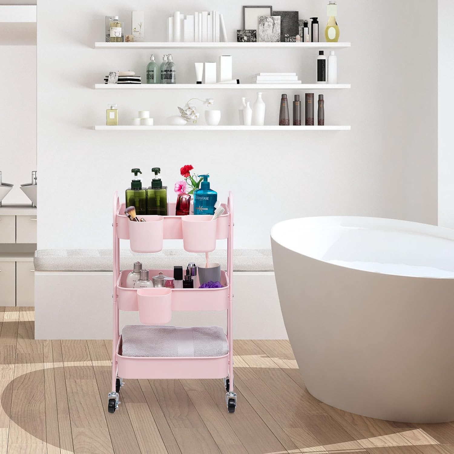 DOEWORKS - Chariot 3 niveaux métal, roulettes, cuisine/bureau, rose