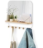 Étagère murale avec support en miroir, base en bois et plusieurs crochets en dessous pour le rangement.