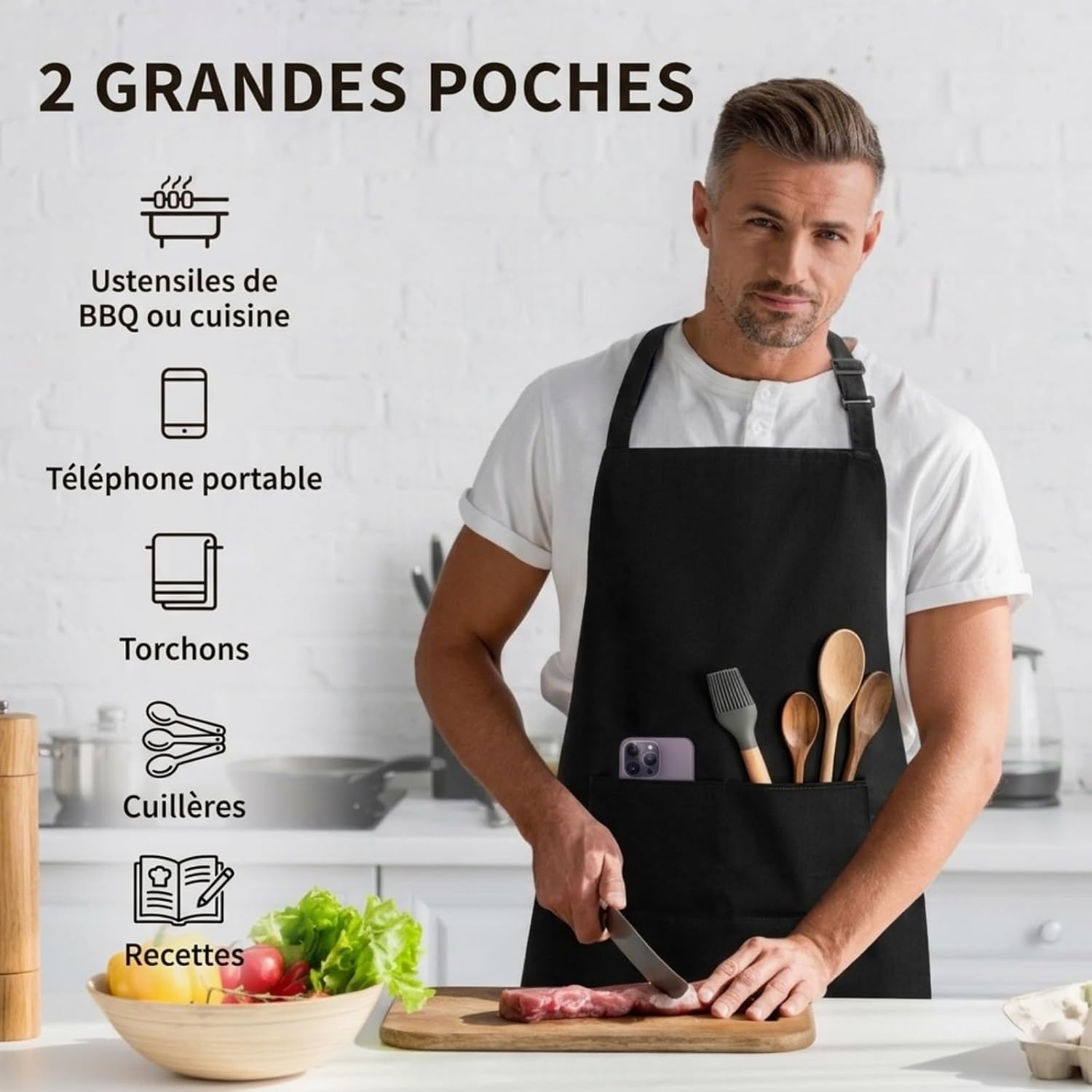 Tablier de cuisine - unisexe ajustable, imperméable, poches, anti-taches, idéal BBQ, 70x80cm
