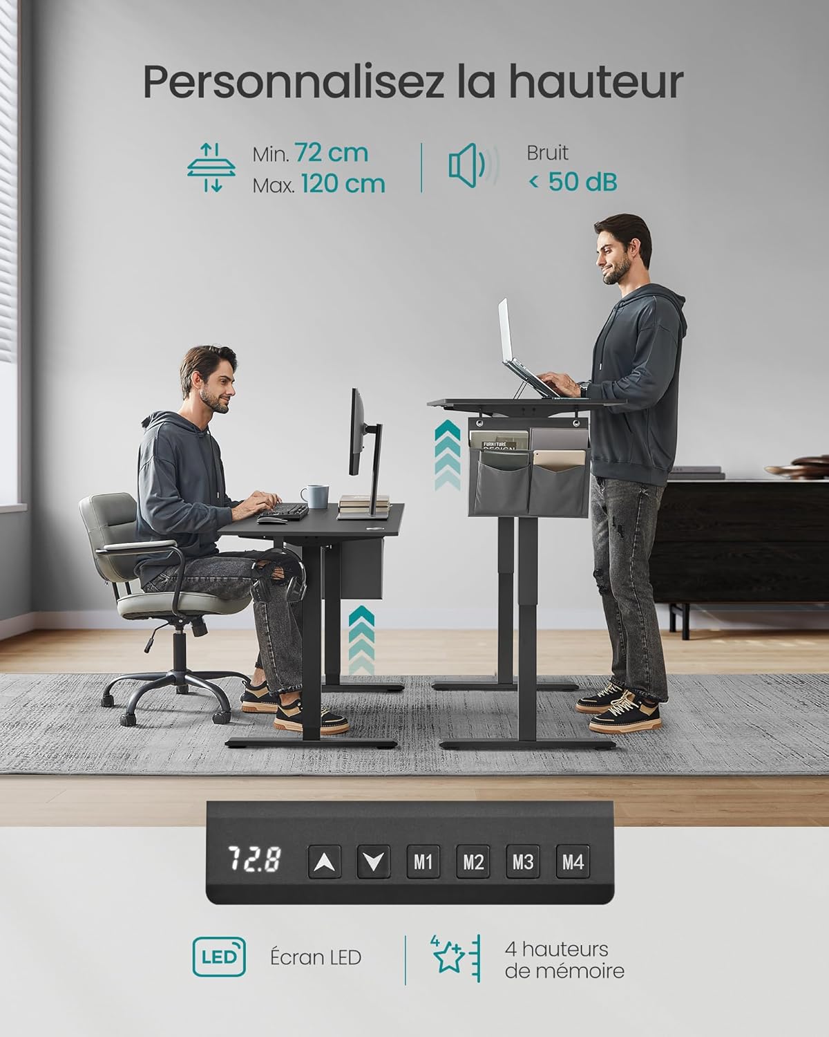 SONGMICS - Bureau électrique réglable, 120x60 cm, mémoire 4 hauteurs, LSD132B01