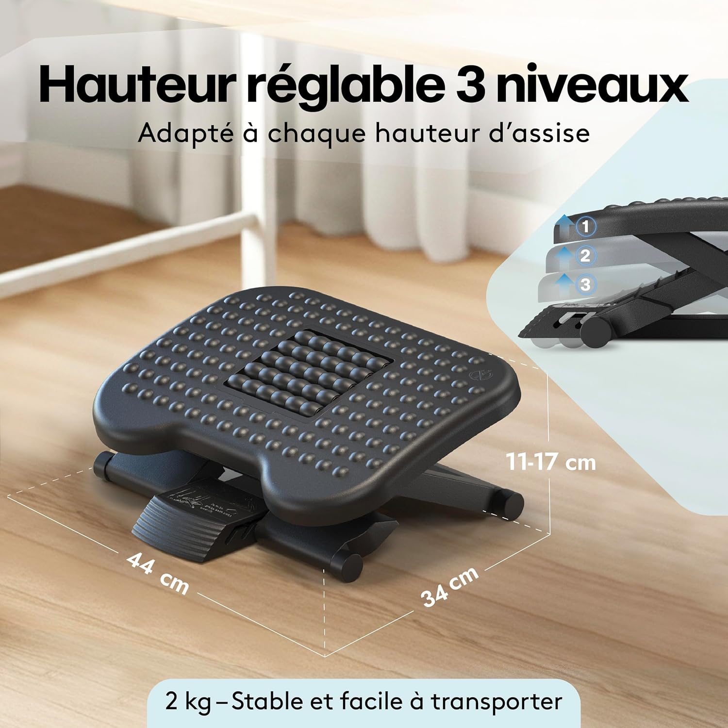 ACROPAQ - repose-pied ergonomique - 3 hauteurs, massage, gris