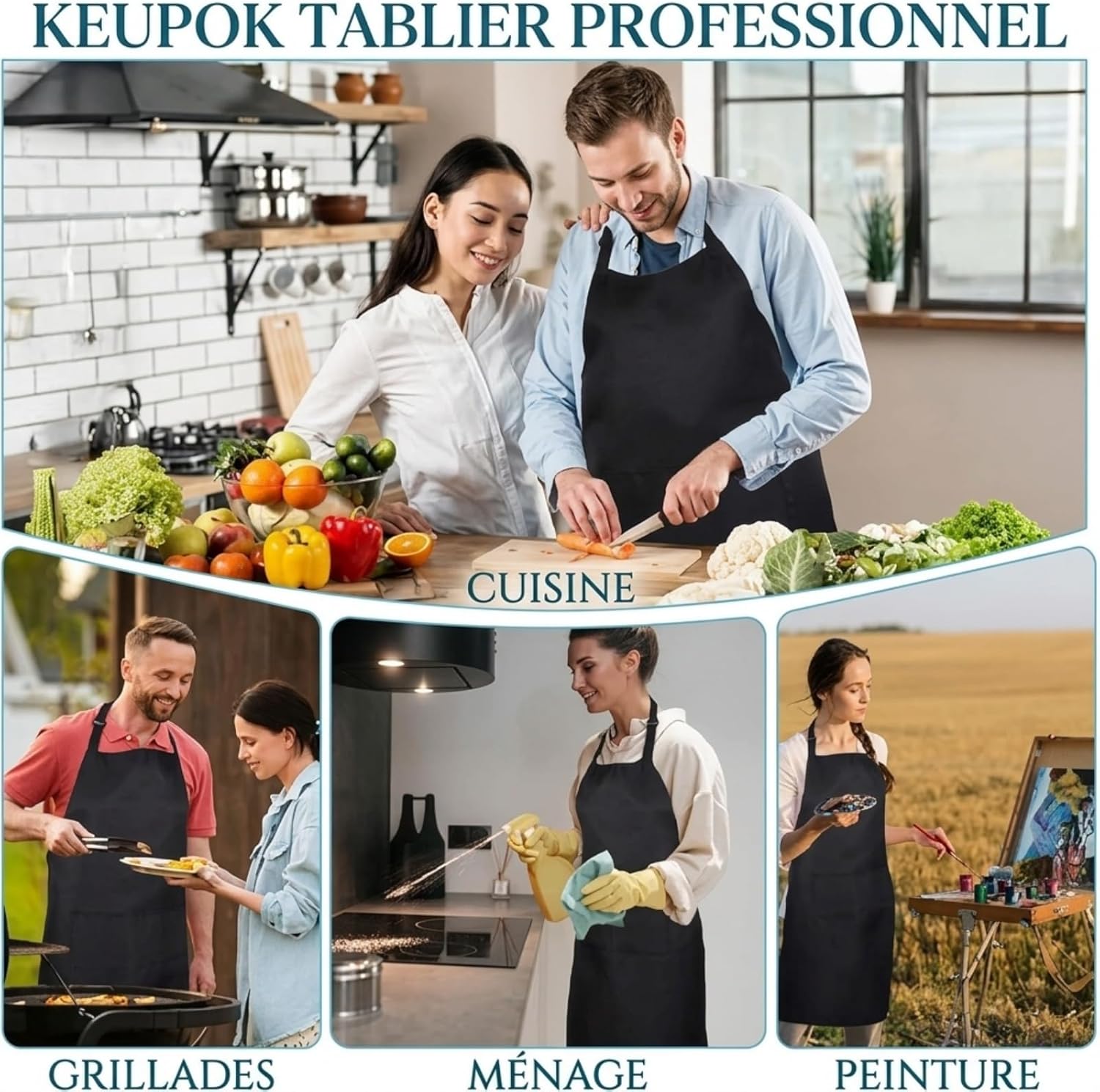 Tablier de cuisine - unisexe ajustable, imperméable, poches, anti-taches, idéal BBQ, 70x80cm
