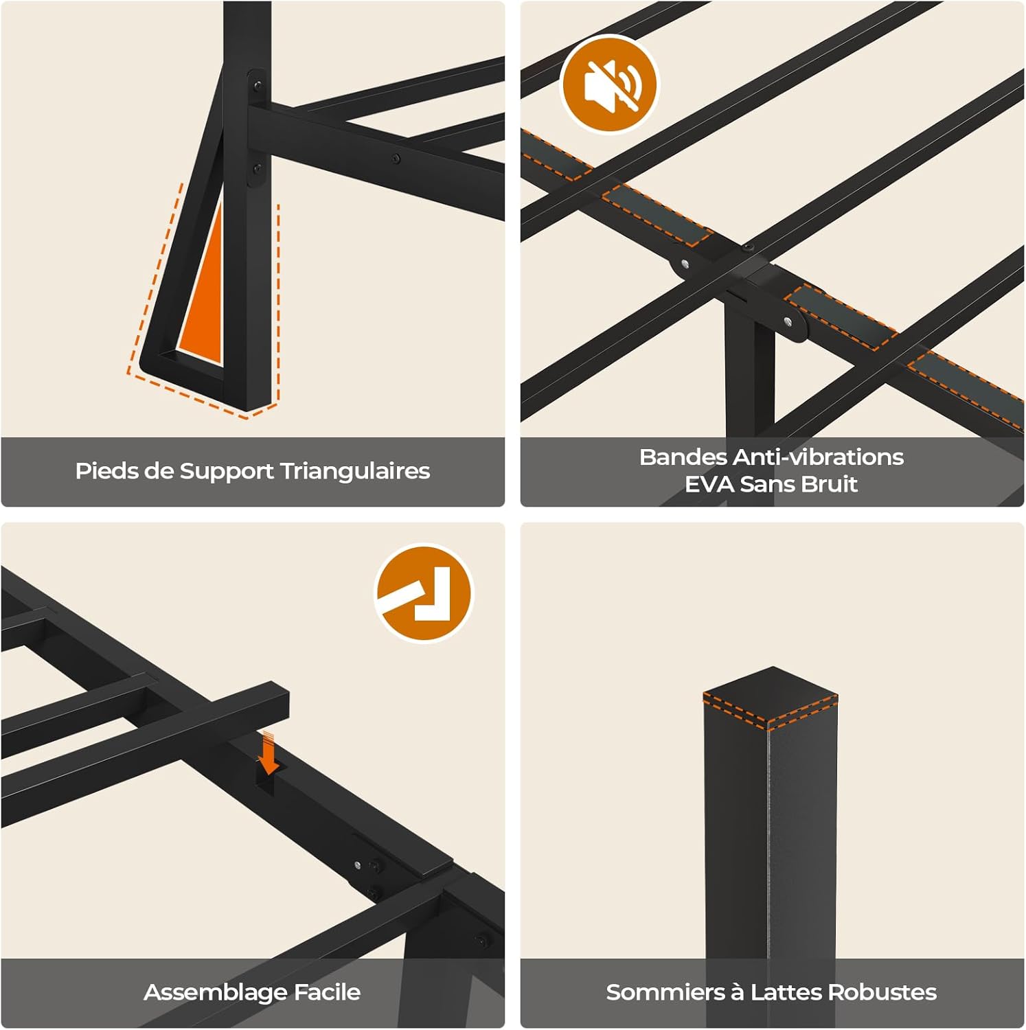 DICTAC - Lit LED avec ports USB, 180x200cm, rangement 32cm, métal