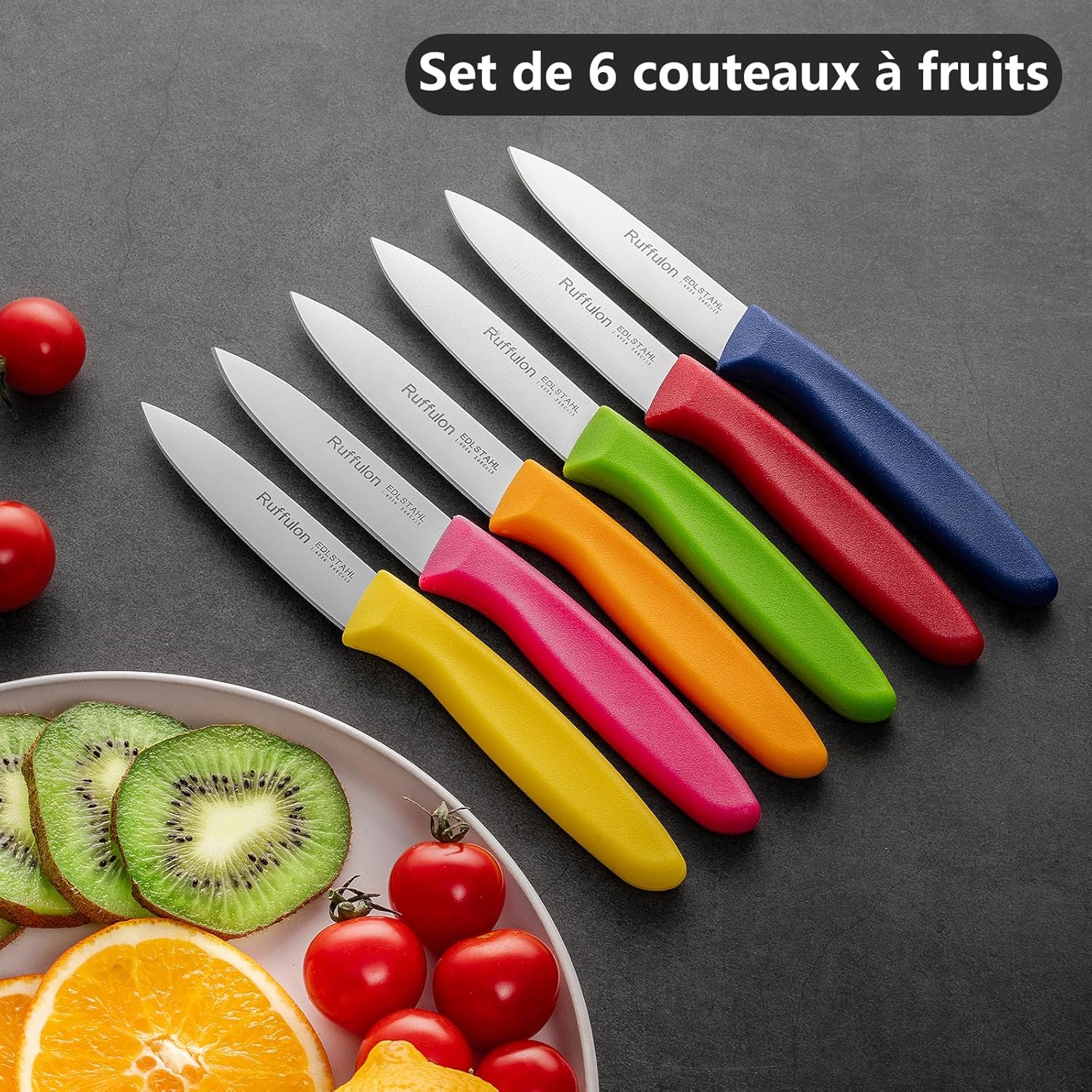 Ensemble de couteaux de cuisine - inox - 6 pièces - manches ergonomiques colorés