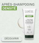 Le texte indique « APRES-SHAMPOOING DENSITÉ », « LUXEOL » et « DECOUVRIR ». Images de produits montrant des produits de soins capillaires ou de beauté.