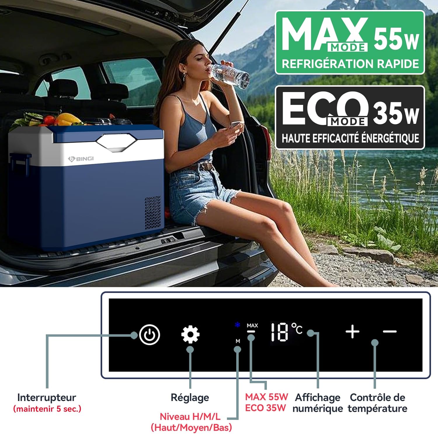 BINGI - Glacière électrique 30L - Refroidissement rapide, -18°C, multi-voltage