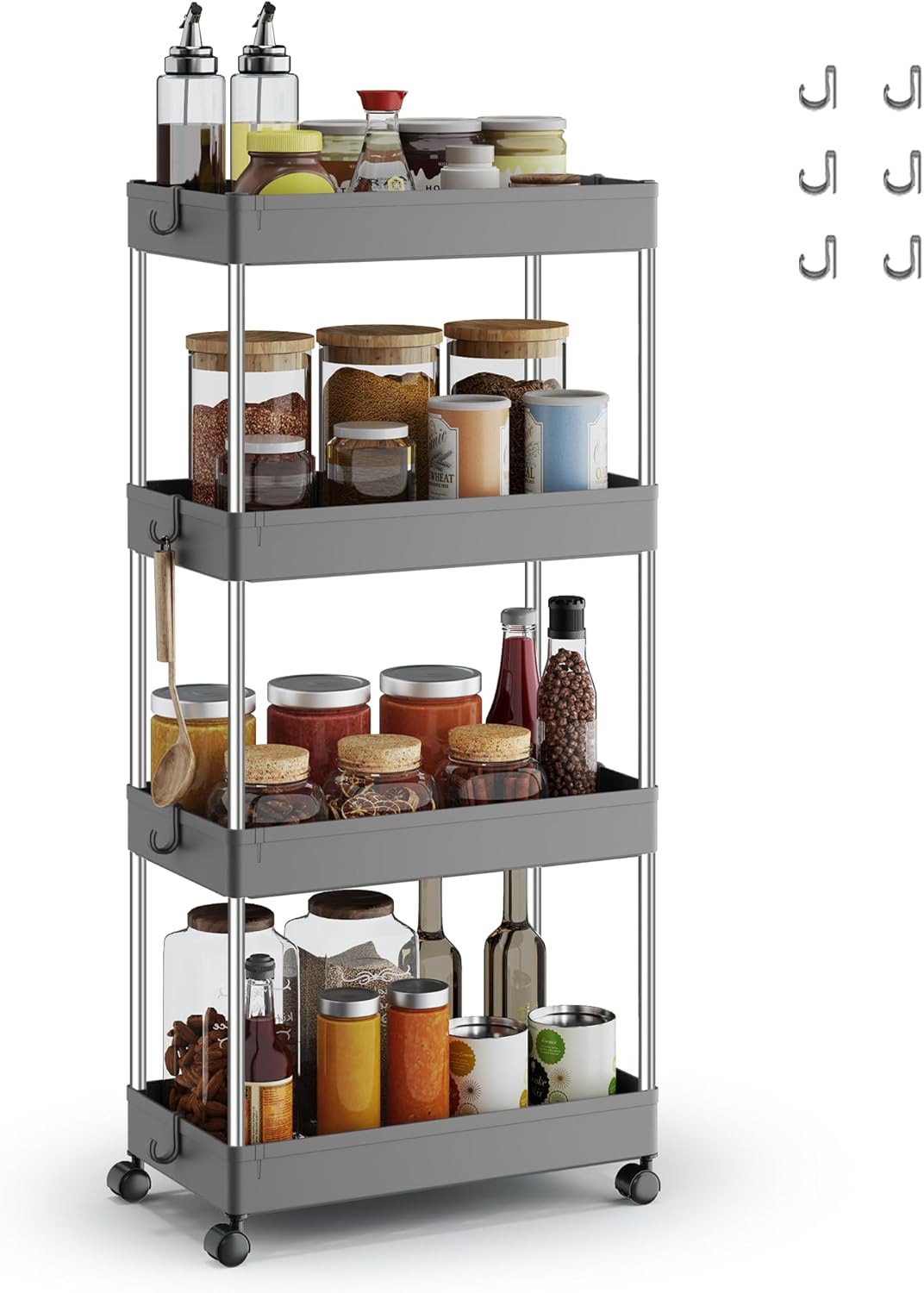 SONGMICS - chariot cuisine 4 niveaux - 23,6x42x86cm - acier, 6 crochets KSC010G01