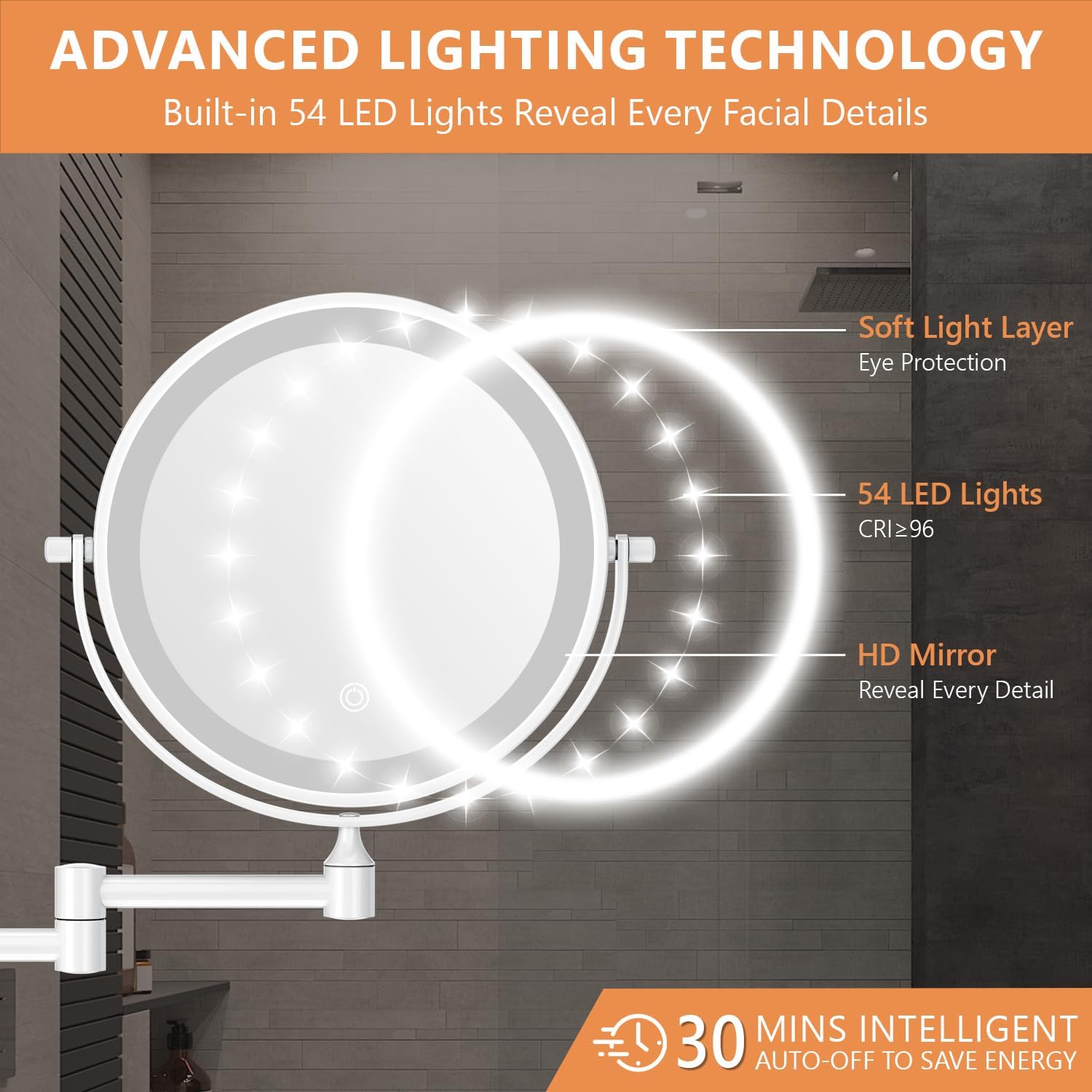 Auxmir - miroir mural LED, x20/1x, USB, 3 couleurs, tactile, 360°