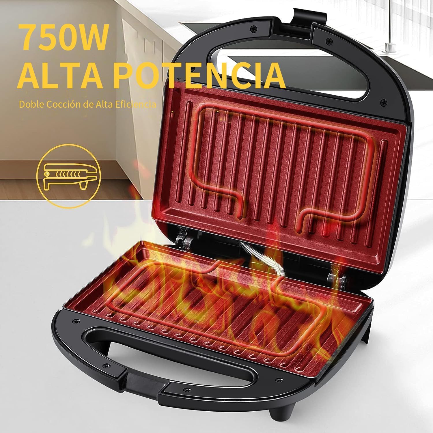 YASHE - Grill Panini 750W - plaques antiadhésives, poignée froide