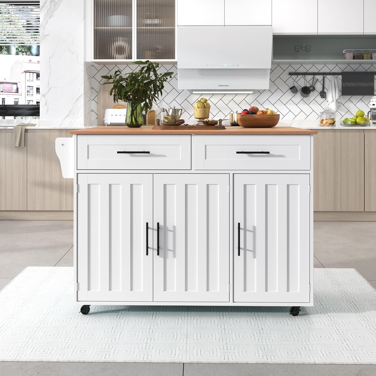 Desserte cuisine îlot - plans rabattables, 2 tiroirs, 3 portes, 129x71x91,5cm