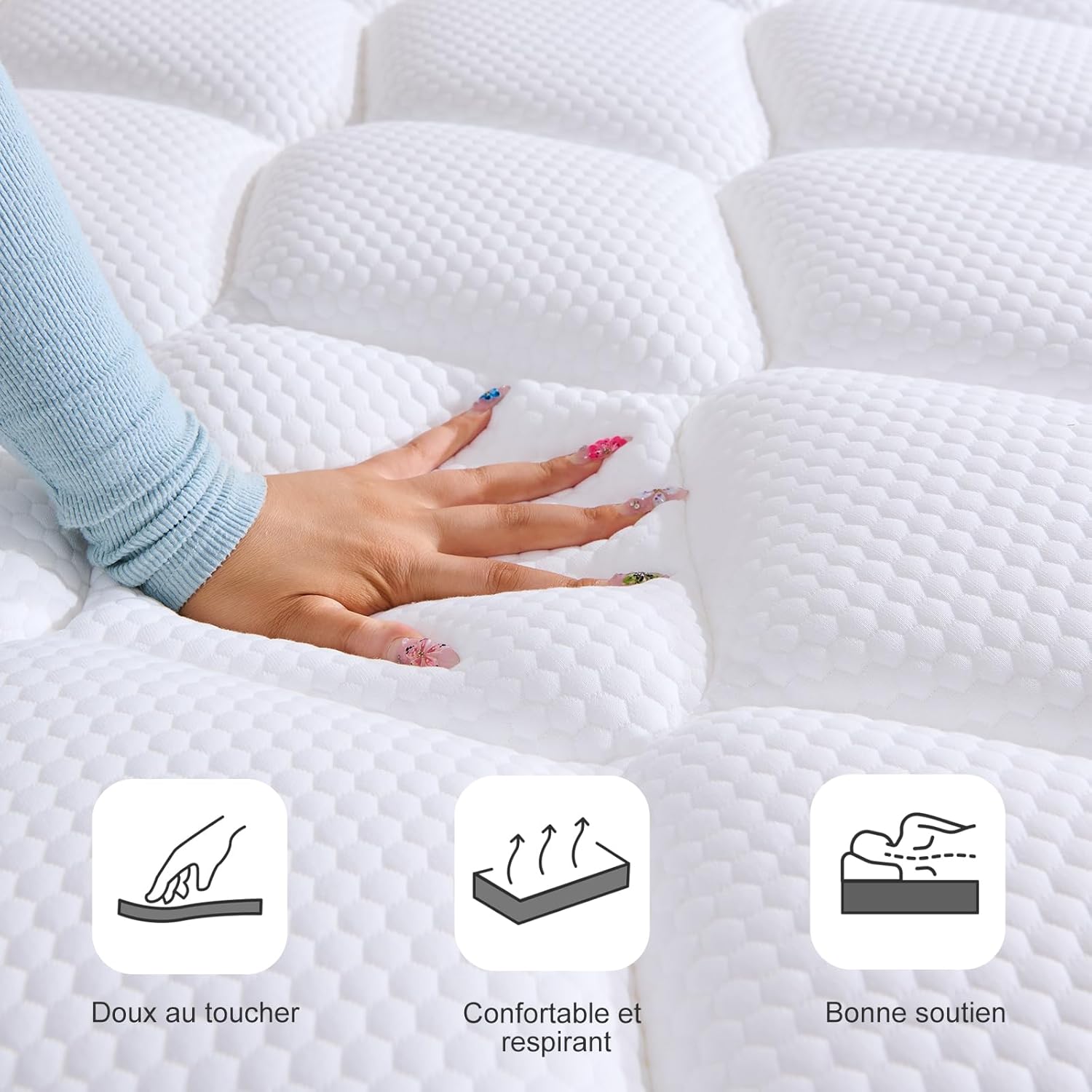 Matelas hybride - mousse mémoire & ressorts - 140x190x22 cm - doux, respirant