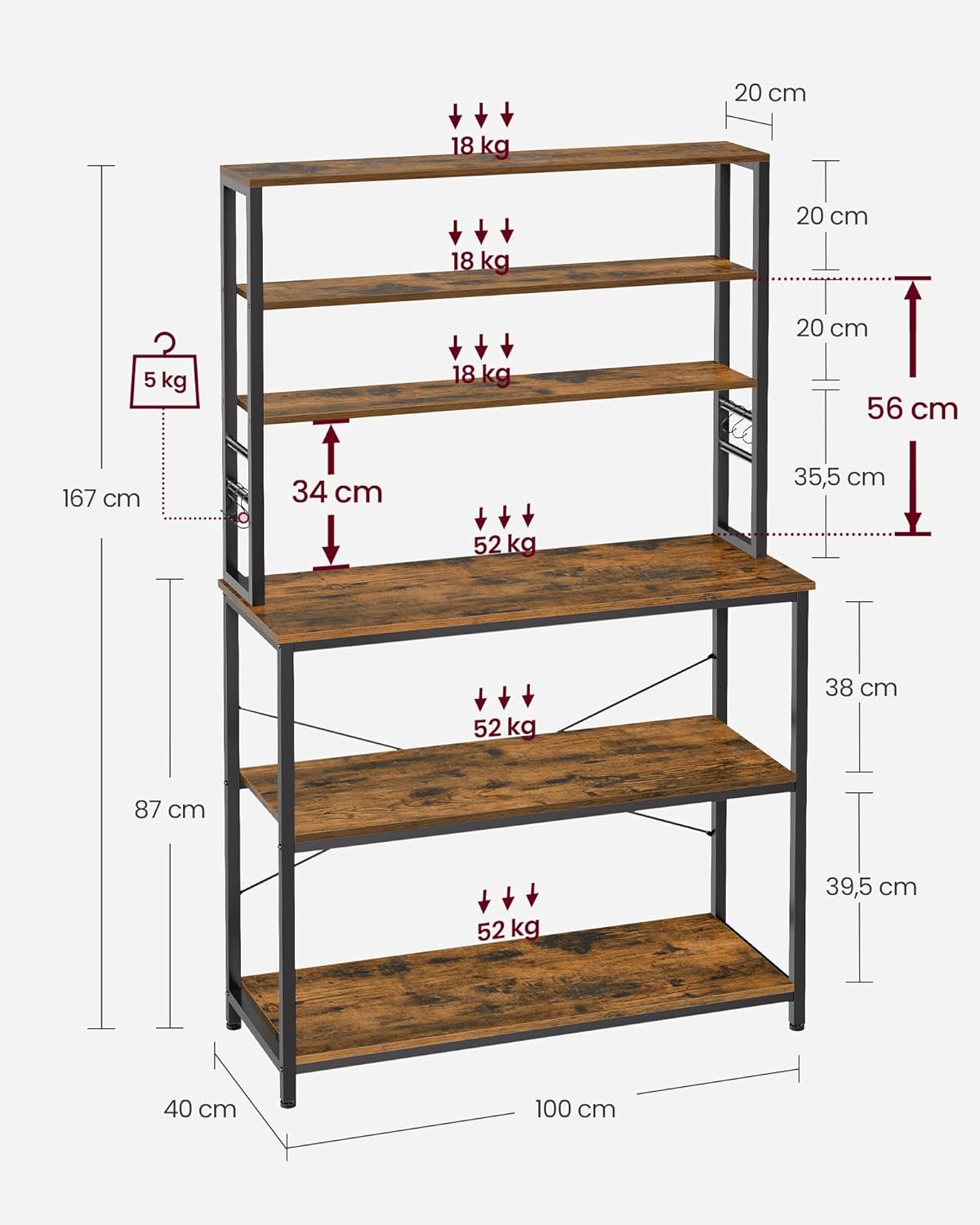 VASAGLE - étagère cuisine, 100x40x167 cm, 6 étagères, acier, KKS039K01